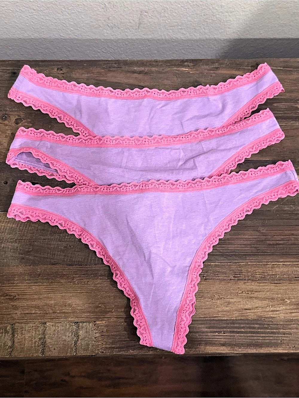 Victoria's Secret Cotton Lace-Waist Thong Lace Trim Panties in Pink & Purple